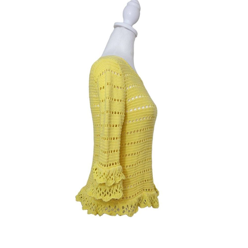 Lilly Pulitzer Crochet Knit Sweater Women's XS Yellow 3/4 Sleeve Ruffled Cotton - Picture 4 of 11